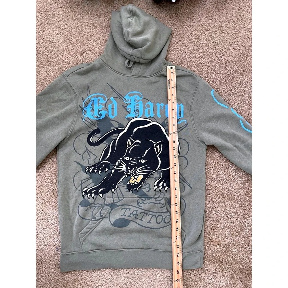 Y2K Ed Hardy Mens Small Green Panther Tattoo Graphic Hoodie‎ Sweatshirt